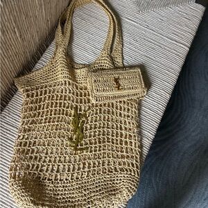 Crochet Mesh Tote in Beige with Gold Logo